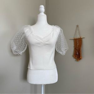 White Sheer Puff Sleeve Top Large